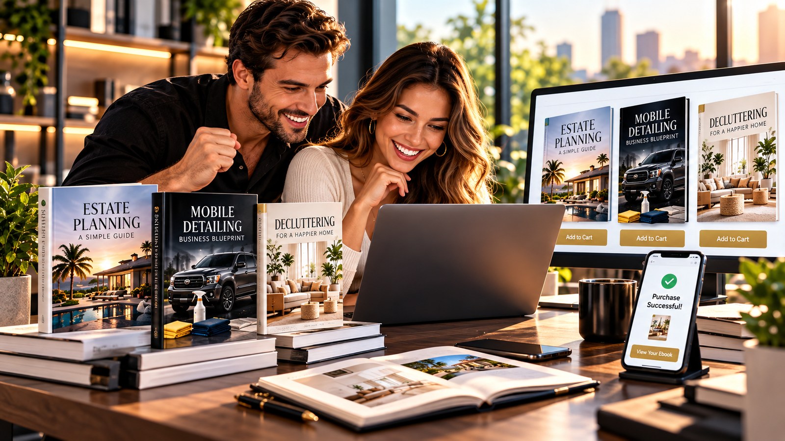 A couple celebrating their new digital product business on a laptop, surrounded by printed ReadyDigi ebooks, with their online store and a successful purchase on screen
